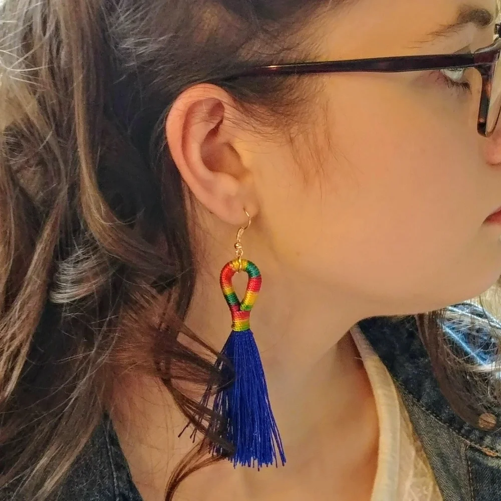 Blue Rainbow Silk Tassel Earrings - Picture 2 of 2